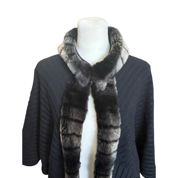 Ming Wang Open Knit Cardigan Women Large Black Faux Fur Trim Dolman Sleeves - Picture 2 of 11